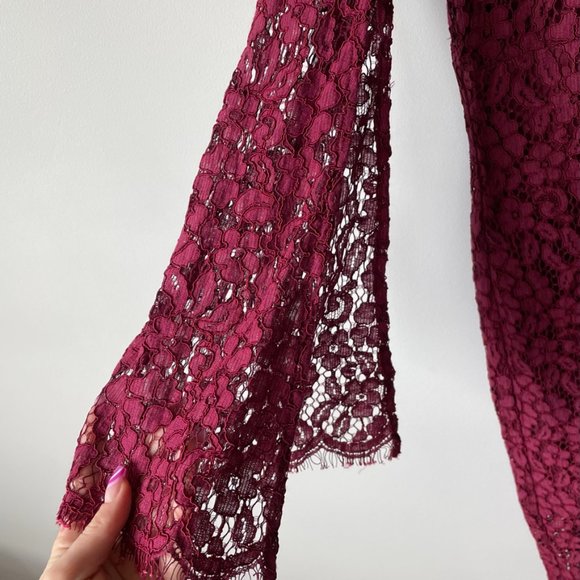 Bardot Floral Lace Long Split Sleeve Dress Red Sz L/10 - Picture 3 of 7